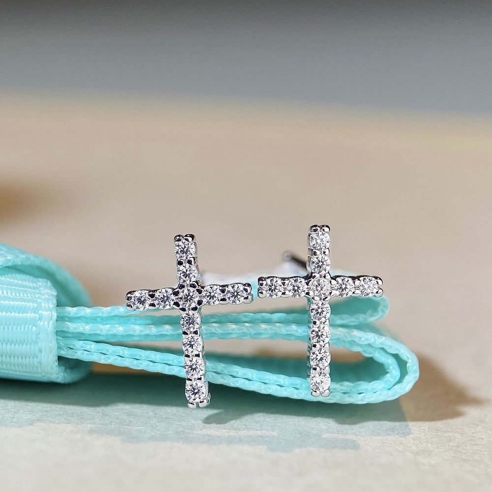 1 Pair Sterling Silver Moissanite Cross Inlay Hip Hop Earrings