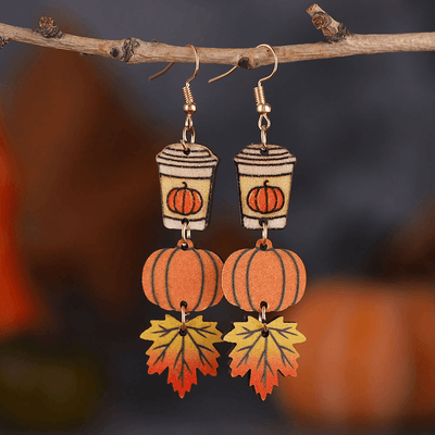 Cartoon Pumpkin and Maple Leaf Wood Drop Earrings for Women