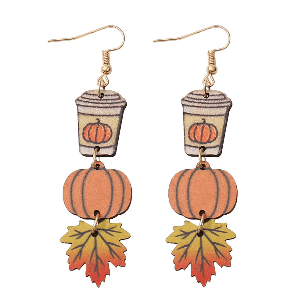 Cartoon Pumpkin and Maple Leaf Wood Drop Earrings for Women