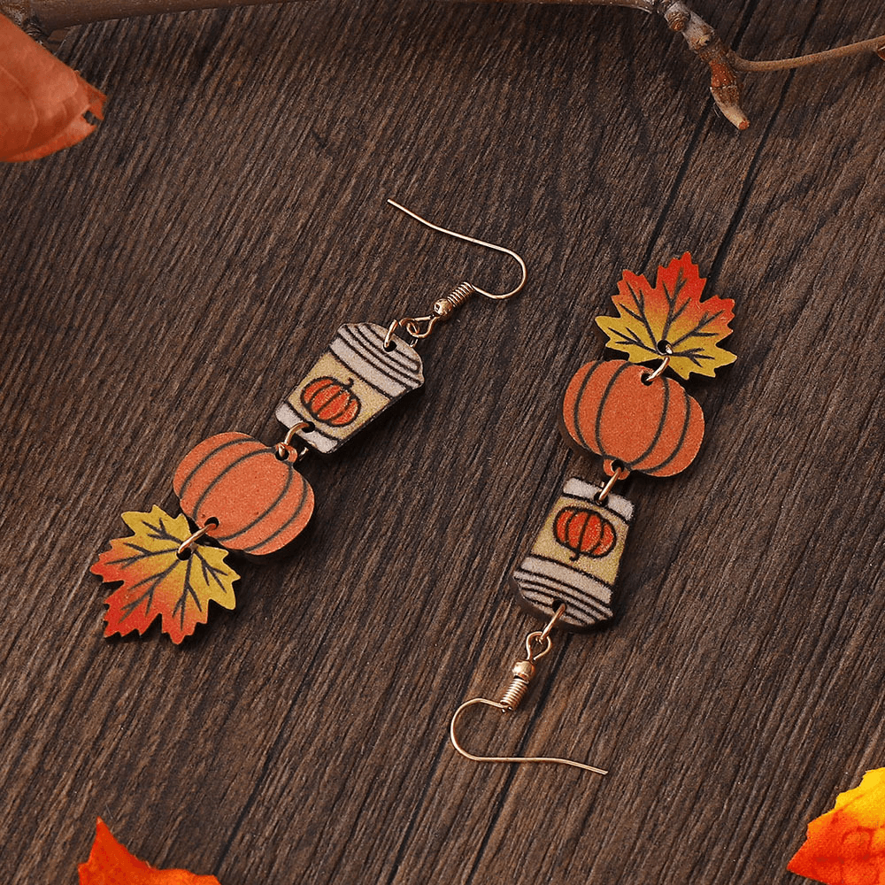 Cartoon Pumpkin and Maple Leaf Wood Drop Earrings for Women