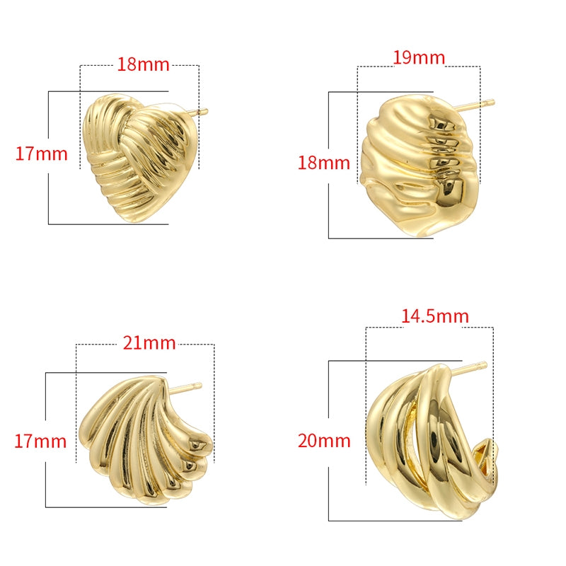 1 Pair Vintage Style 18K Gold Plated Sector Square Copper Ear Studs with Shell Stripe Texture Heart Hoops