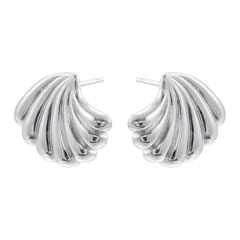 1 Pair Vintage Style 18K Gold Plated Sector Square Copper Ear Studs with Shell Stripe Texture Heart Hoops