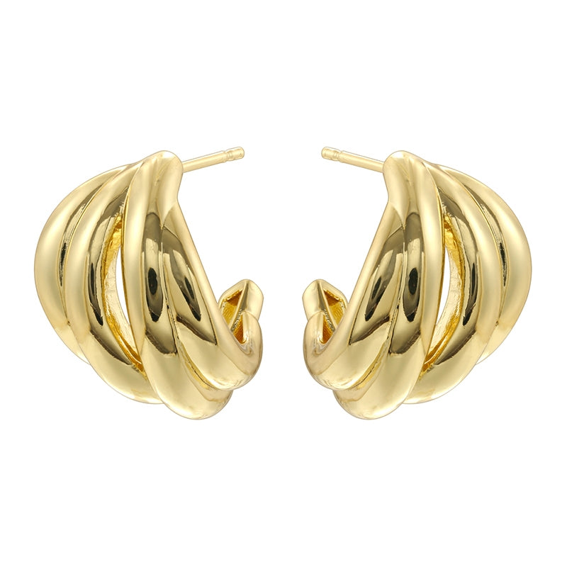 1 Pair Vintage Style 18K Gold Plated Sector Square Copper Ear Studs with Shell Stripe Texture Heart Hoops