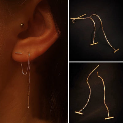 1 Pair Minimalist Titanium Steel Threader Earrings with Long Box Chain Tassel