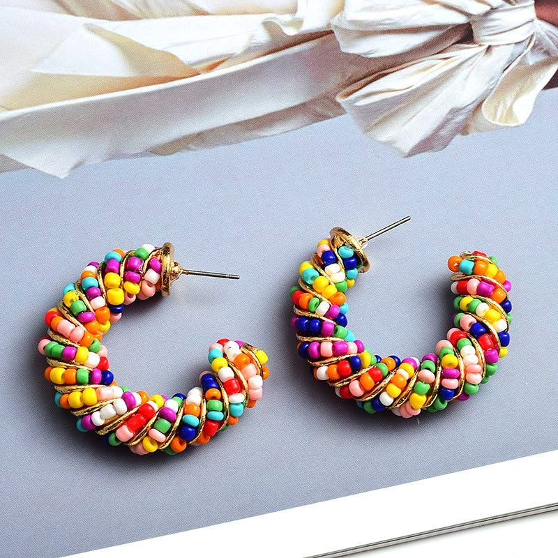 1 Pair Color Block Seed Bead Oval Hoop Earrings