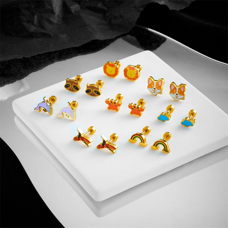 1 Pair Cute Retro Animal Titanium Steel Hypoallergenic Ear Studs for Women