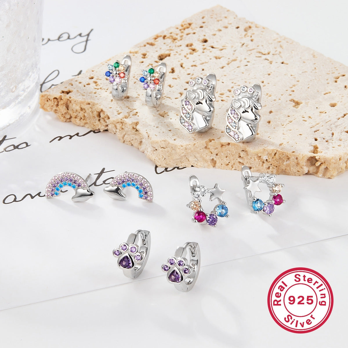 1 Pair Sterling Silver Star Paw Print Flower Zircon Hoop Earrings for Kids