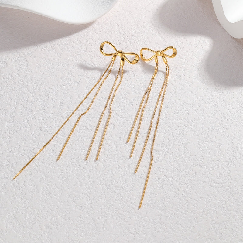 Elegant Bow Knot 18K Gold Plated Stainless Steel Drop Earrings for Women
