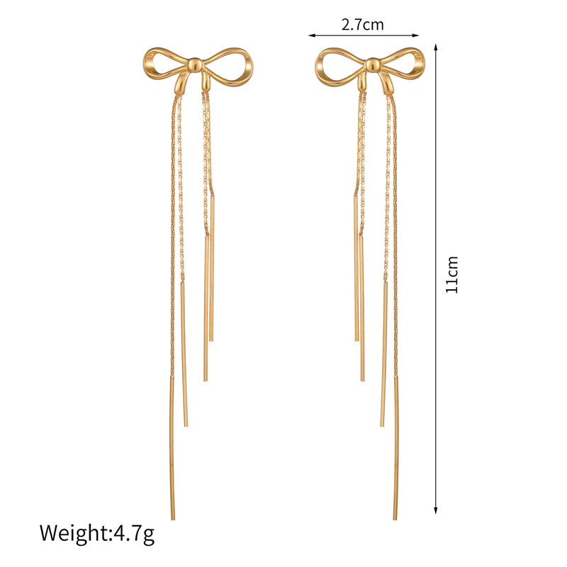 Elegant Bow Knot 18K Gold Plated Stainless Steel Drop Earrings for Women