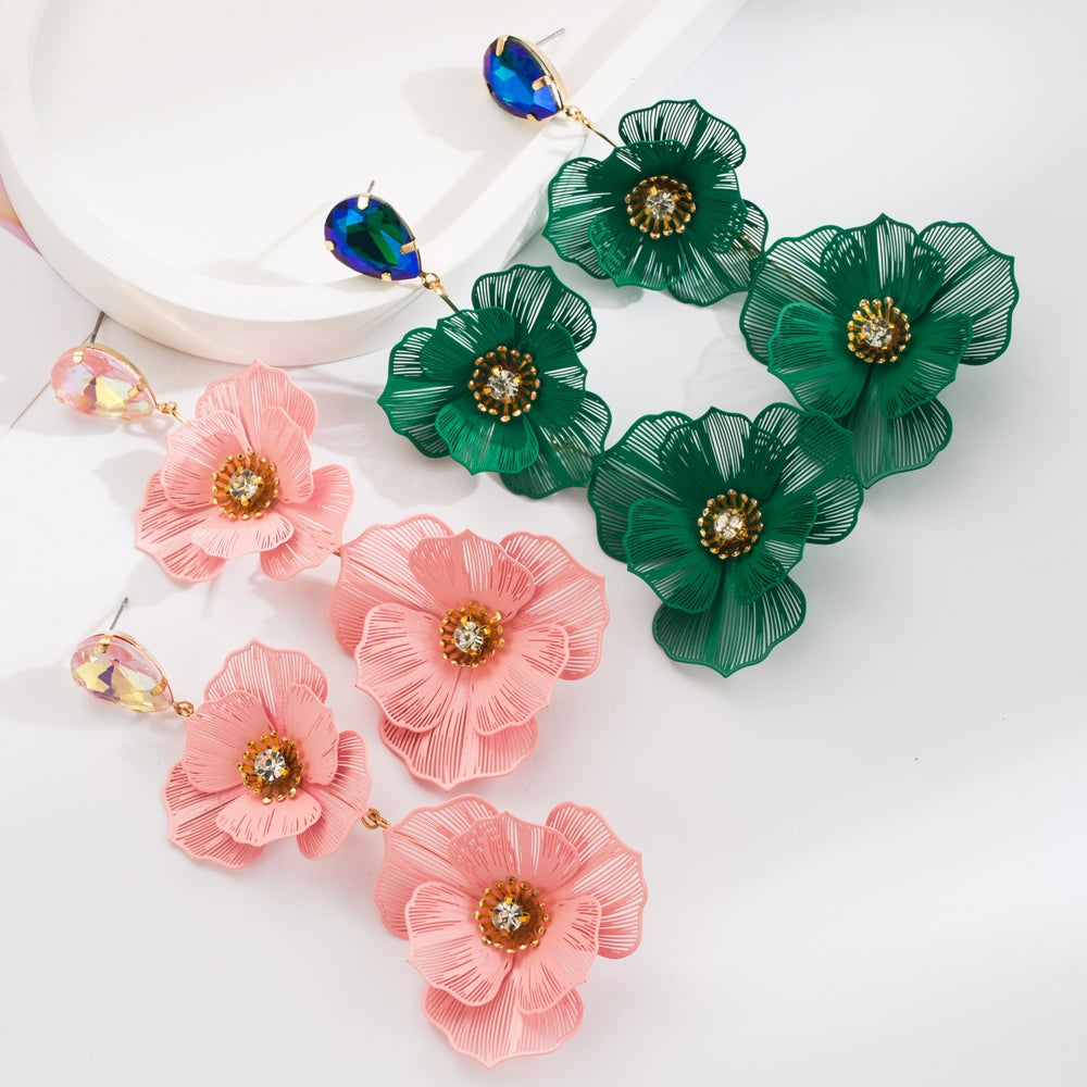 Elegant Floral Rhinestone Inlay Silver Plated Drop Earrings
