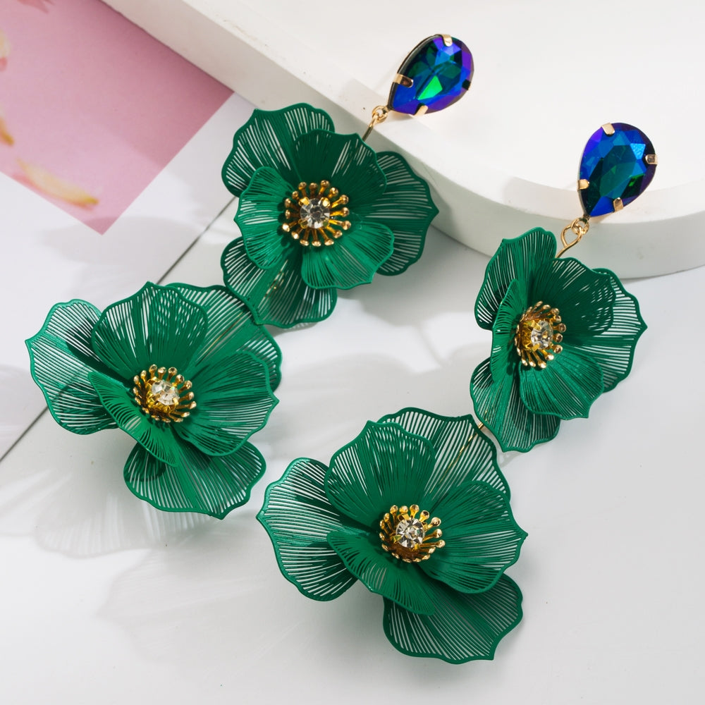 Elegant Floral Rhinestone Inlay Silver Plated Drop Earrings