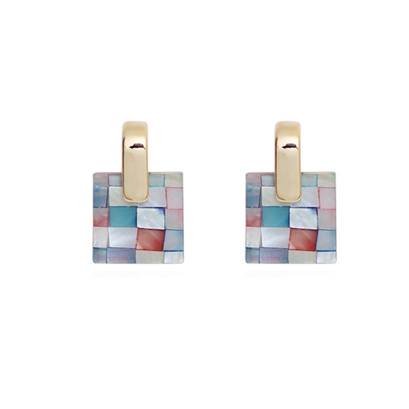 Elegant Vintage Square 18K Gold Plated Drop Earrings with Colorful Shell Inlay