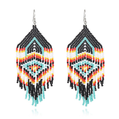 Bohemian Beaded Tassel Drop Earrings - Ethnic Style Seed Bead Handmade Jewelry