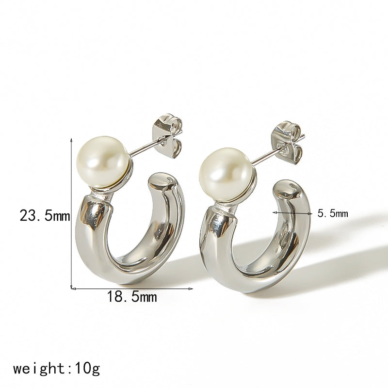 1 Pair French Style C Shape 18K Gold Plated Stainless Steel Pearl Ear Studs