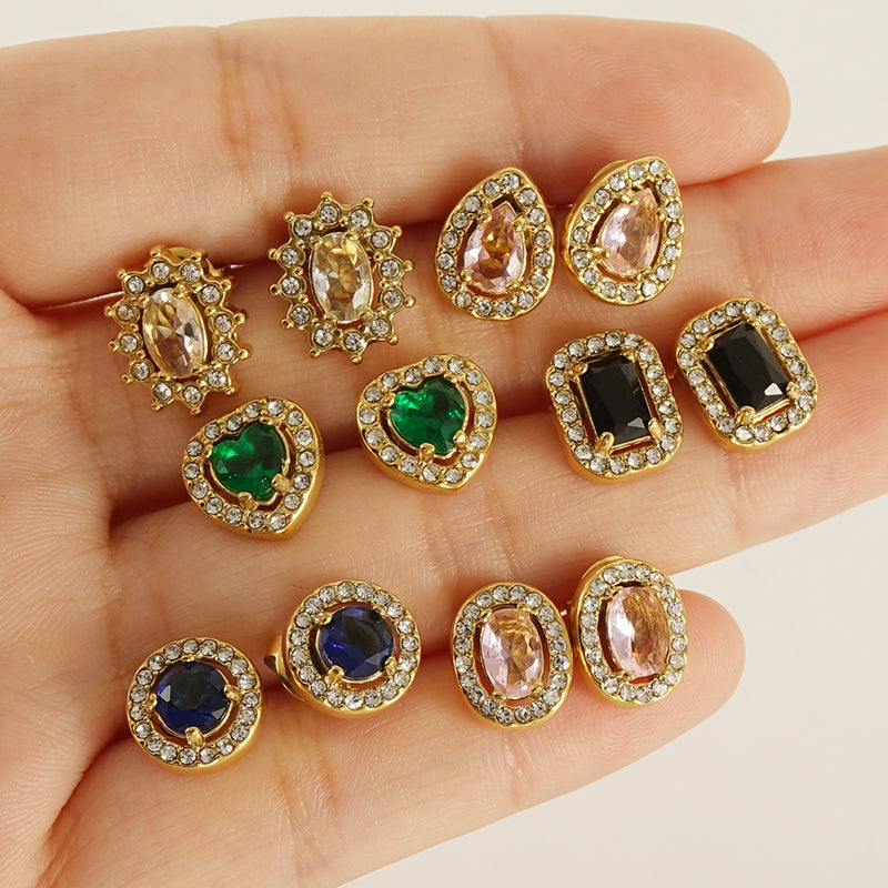 1 Pair Glamorous Water Droplet Heart Inlay Zircon 18K Gold Plated Stainless Steel Earrings