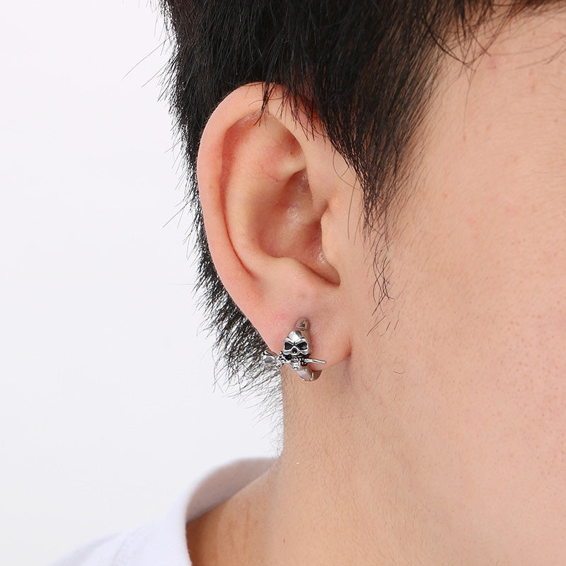 1 Pair Gothic Punk Skull Cross Sword Zircon Stainless Steel Earrings