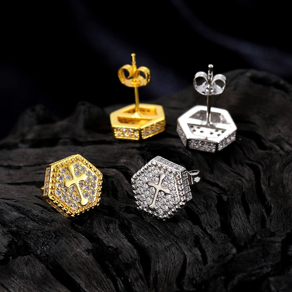 1 Pair Hip-hop Cross Hexagon Copper Zircon Gold Plated Stud Earrings
