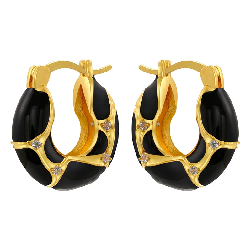 1 Pair Vintage U-Shape Enamel Inlay Zircon 18K Gold Plated Earrings