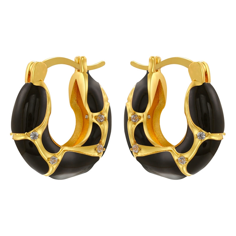 1 Pair Vintage U-Shape Enamel Inlay Zircon 18K Gold Plated Earrings