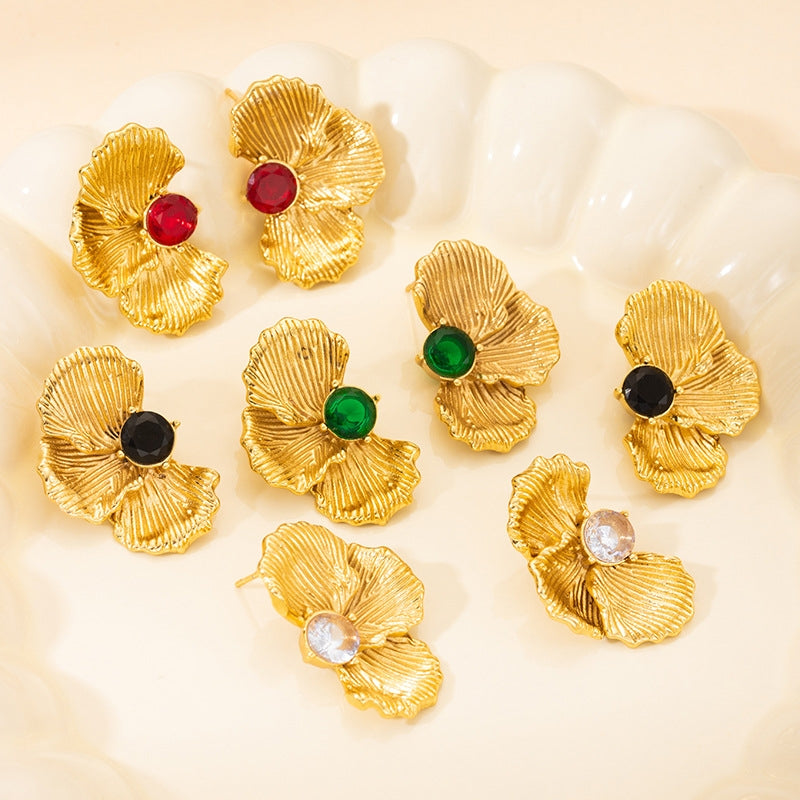 1 Pair Modern Classic Flower Design Green Stone Gold Plated Stainless Steel Stud Earrings