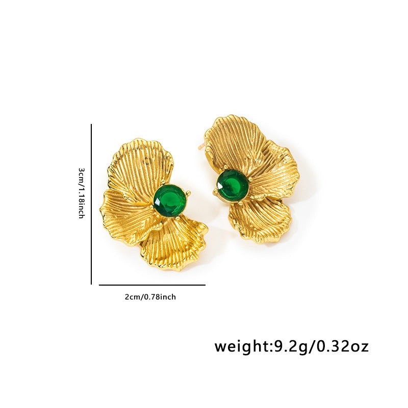 1 Pair Modern Classic Flower Design Green Stone Gold Plated Stainless Steel Stud Earrings