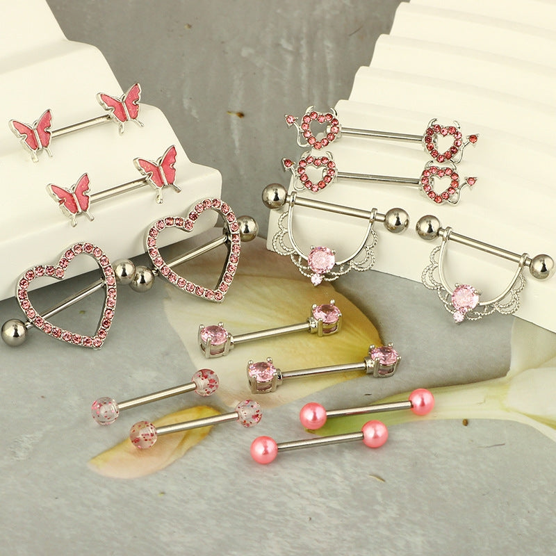 1 Pair Heart & Moon Shape Zircon Nipple Rings and Studs - 316 Stainless Steel Body Piercing Jewelry