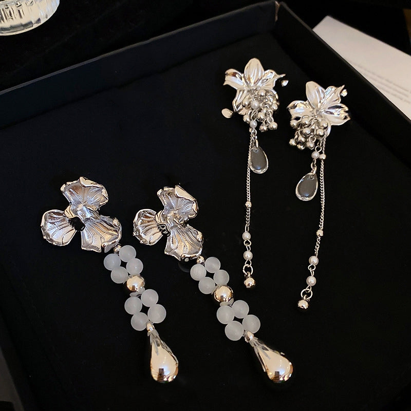 Retro Floral Water Droplet Pearl Crystal Opal Drop Earrings