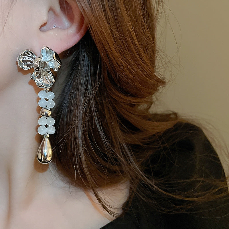 Retro Floral Water Droplet Pearl Crystal Opal Drop Earrings