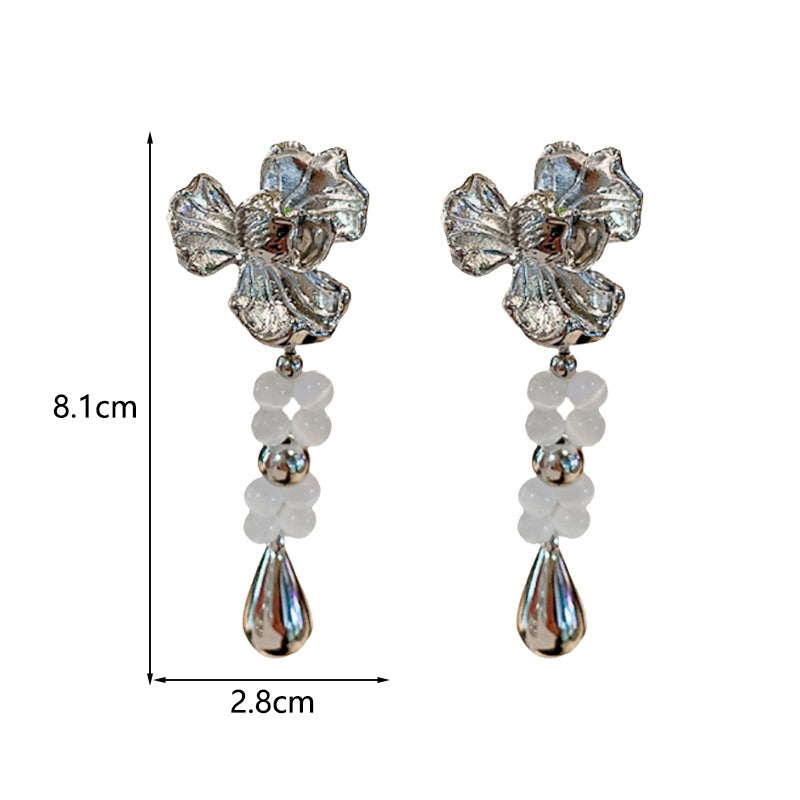 Retro Floral Water Droplet Pearl Crystal Opal Drop Earrings