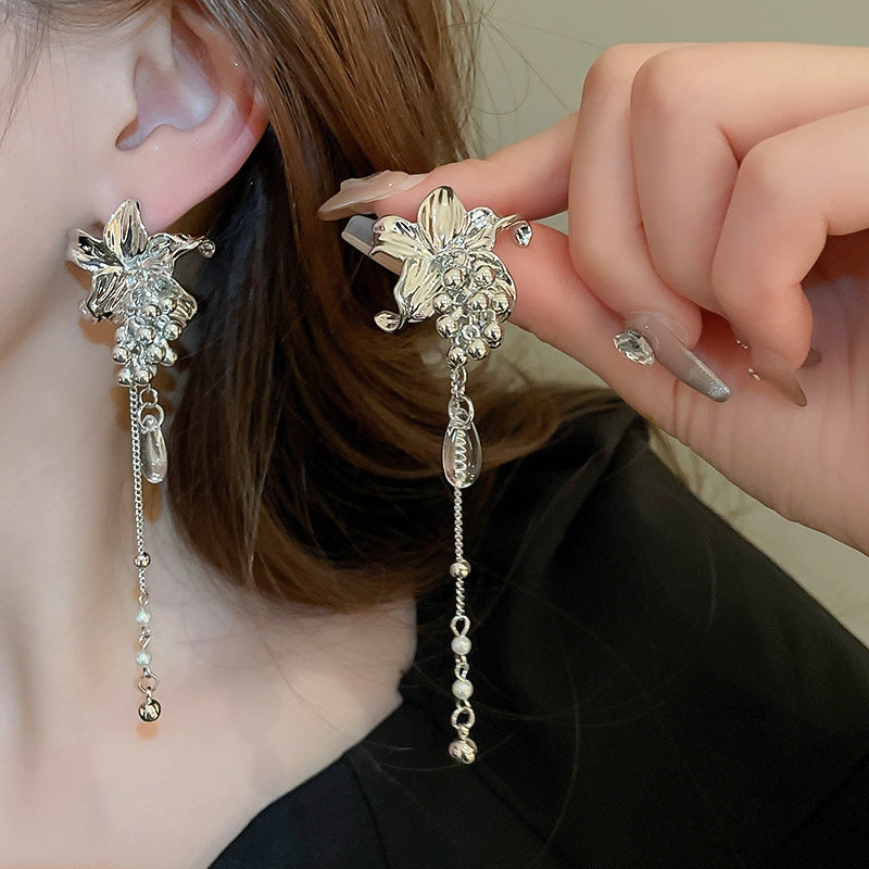 Retro Floral Water Droplet Pearl Crystal Opal Drop Earrings