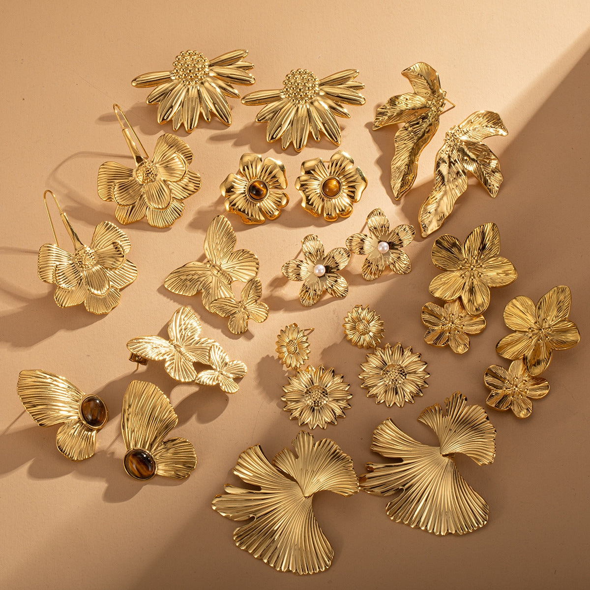 Retro Geometric Butterfly Tiger Eye 18K Gold Plated Titanium Steel Stud Earrings