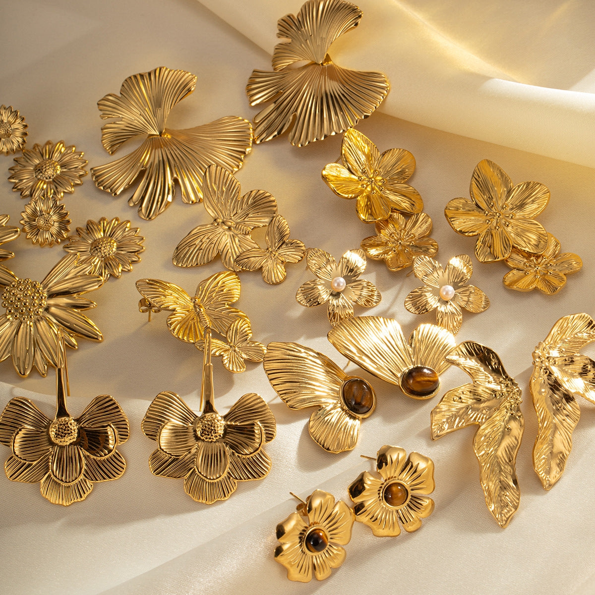 Retro Geometric Butterfly Tiger Eye 18K Gold Plated Titanium Steel Stud Earrings