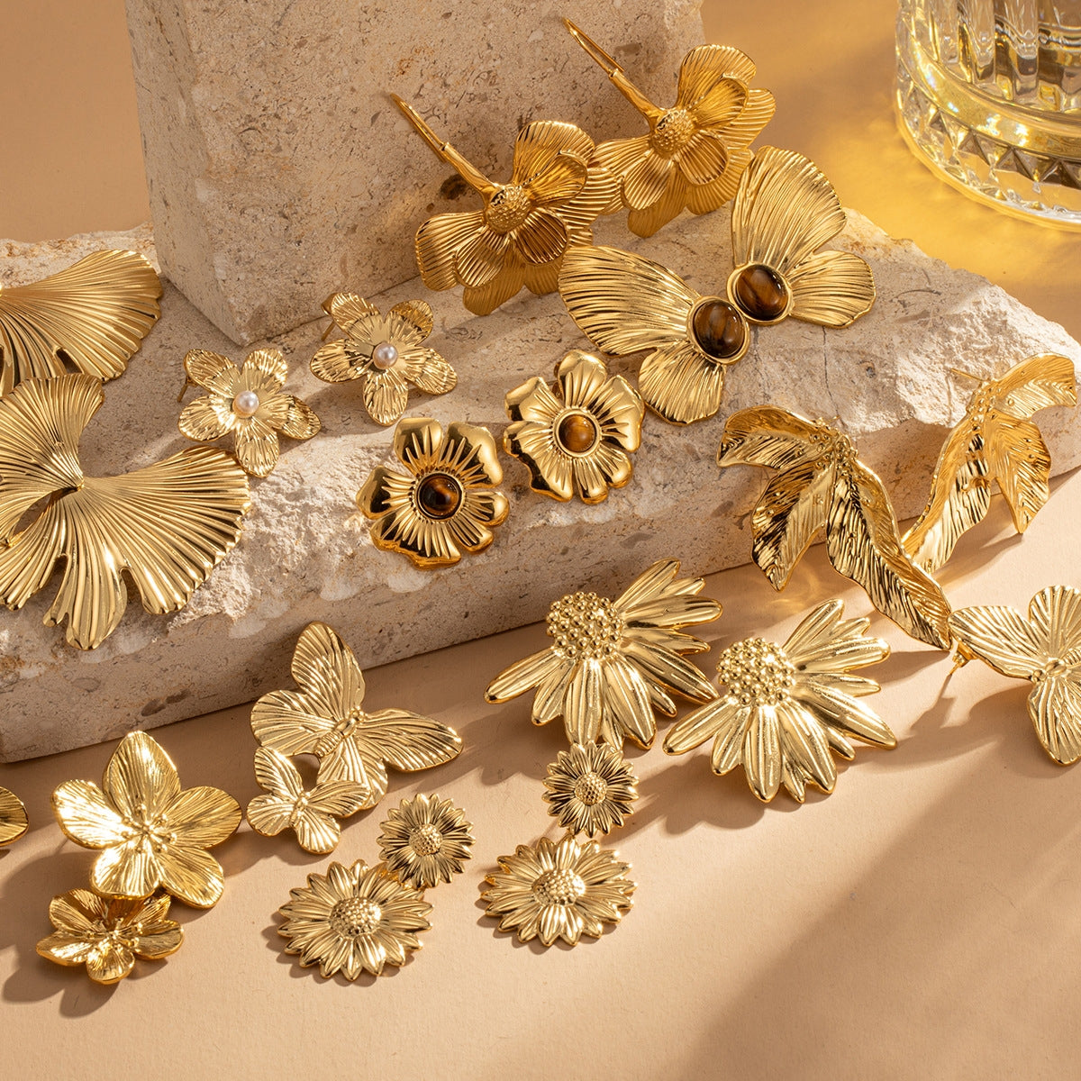 Retro Geometric Butterfly Tiger Eye 18K Gold Plated Titanium Steel Stud Earrings