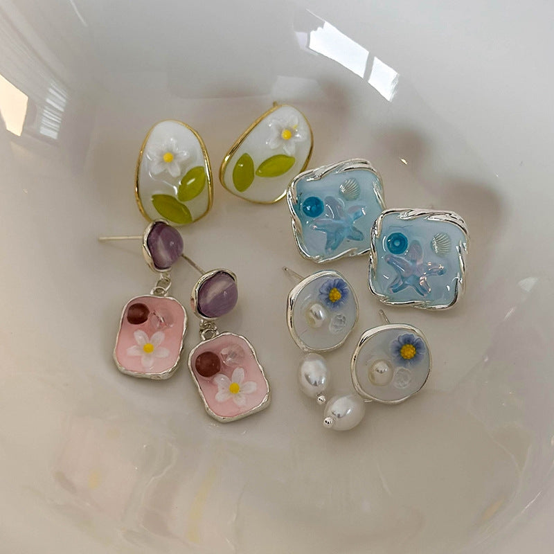 1 Pair Classic Color Block Pearl Drop Earrings - Monet Garden Inspired Floral Design