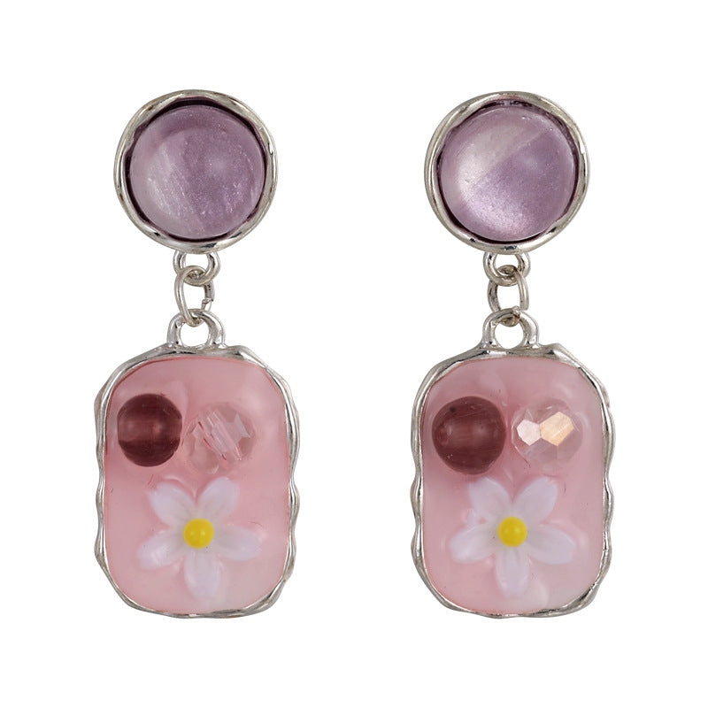 1 Pair Classic Color Block Pearl Drop Earrings - Monet Garden Inspired Floral Design