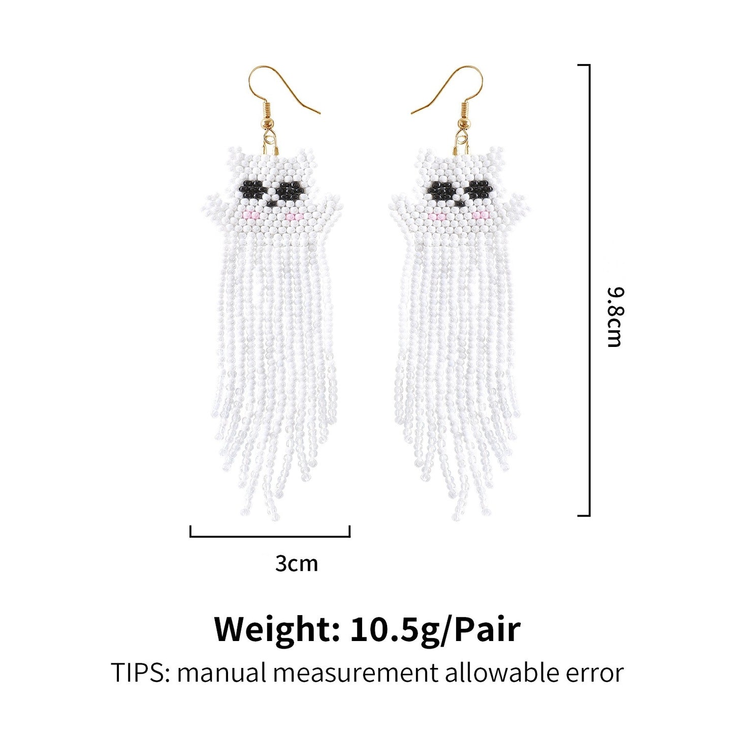 1 Pair Classic Color Block Patchwork Glass Drop Earrings with Beaded Tassel Ghost Design