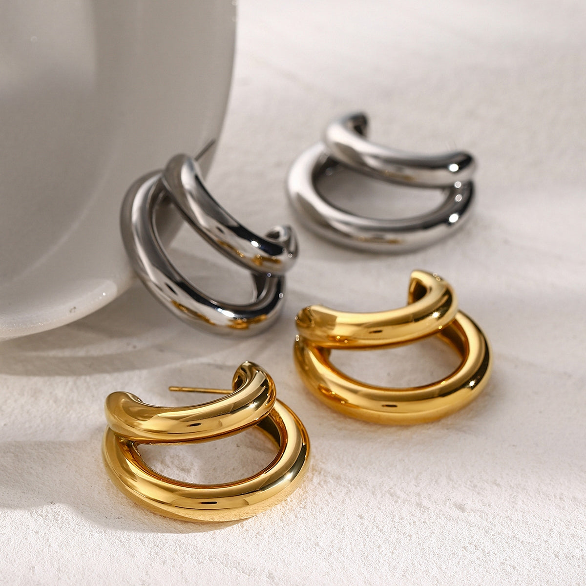 1 Pair Minimalist 18K Gold Plated Stainless Steel Double Layer C-Shaped Earrings