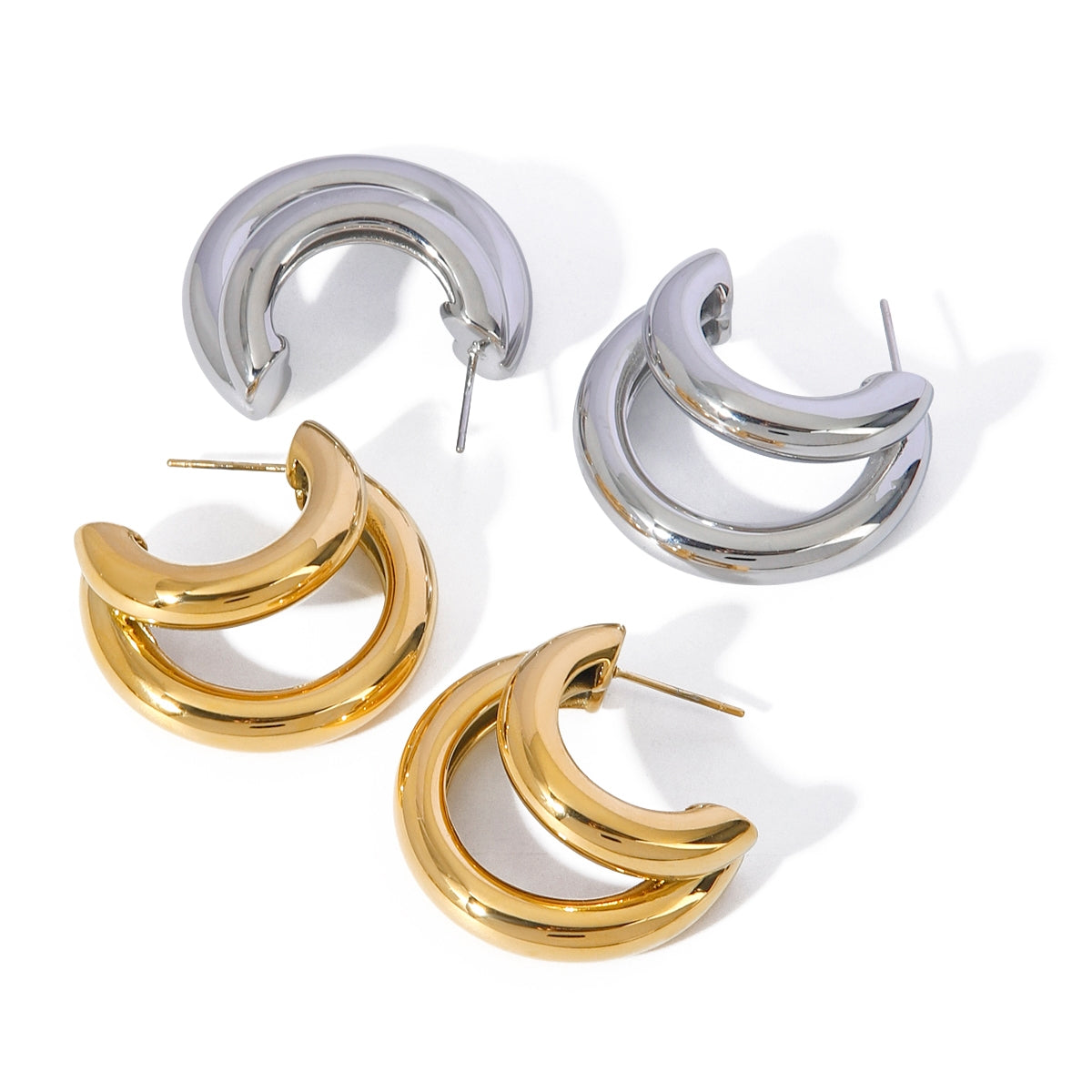 1 Pair Minimalist 18K Gold Plated Stainless Steel Double Layer C-Shaped Earrings