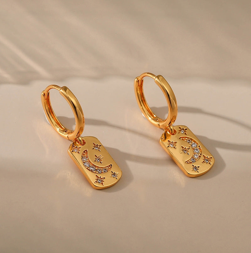 1 Pair Minimalist Moon Design 18k Gold Plated Copper Zirconia Drop Earrings