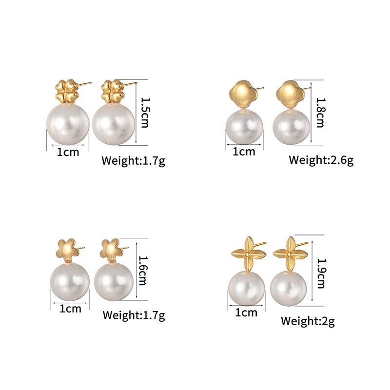 1 Pair Minimalist Flower Inlay 18k Gold Plated Stainless Steel Pearl Rhinestone Stud Earrings