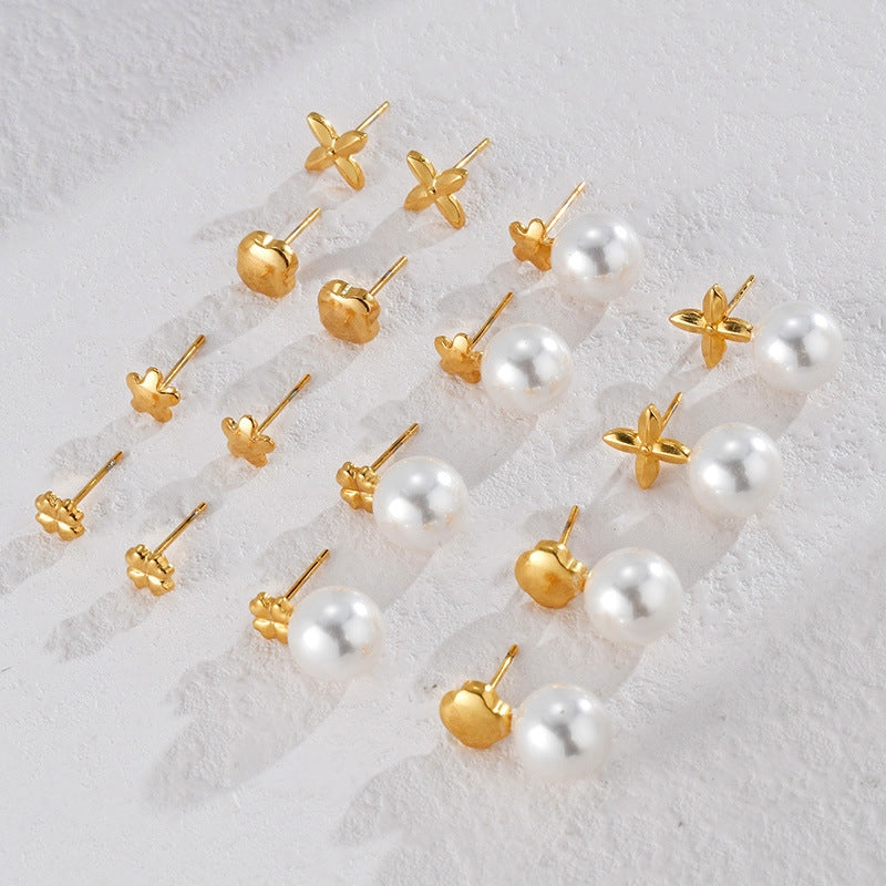 1 Pair Minimalist Flower Inlay 18k Gold Plated Stainless Steel Pearl Rhinestone Stud Earrings