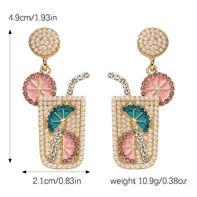 1 Pair Geometric Alloy Drop Earrings with Beaded Cocktail Glass Design