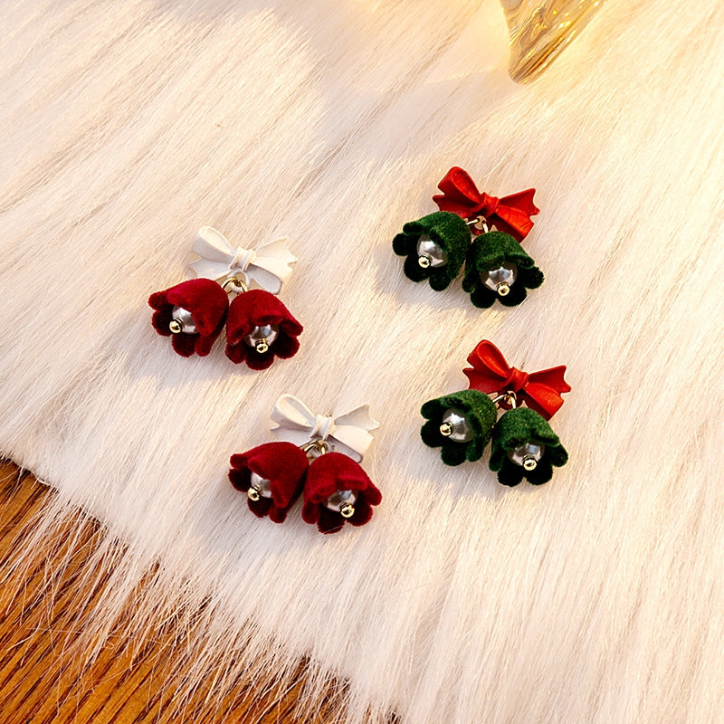 Vintage Gold Plated Bell Studs & Burgundy Flocked Flower Drop Earrings for Women