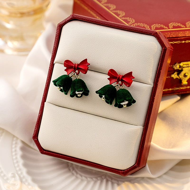 Vintage Gold Plated Bell Studs & Burgundy Flocked Flower Drop Earrings for Women