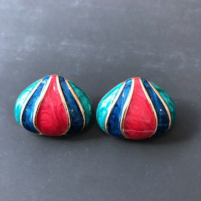 Vintage Colorful Oval Alloy & Purple Enamel Pearl 925 Silver Star Stud Earrings
