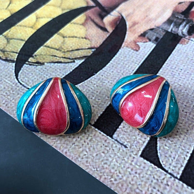 Vintage Colorful Oval Alloy & Purple Enamel Pearl 925 Silver Star Stud Earrings