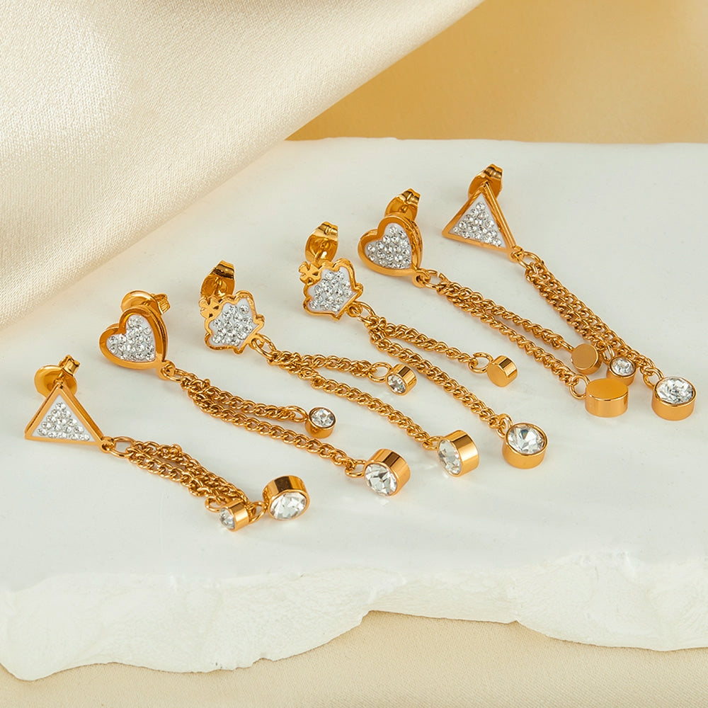 Vintage Cross Heart Crown Stainless Steel Pearl Zircon Drop Earrings Set