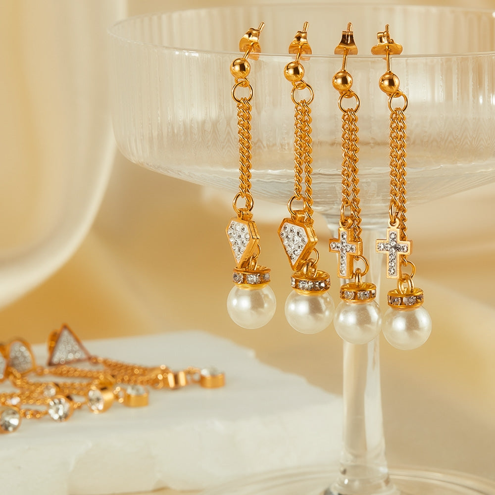 Vintage Cross Heart Crown Stainless Steel Pearl Zircon Drop Earrings Set