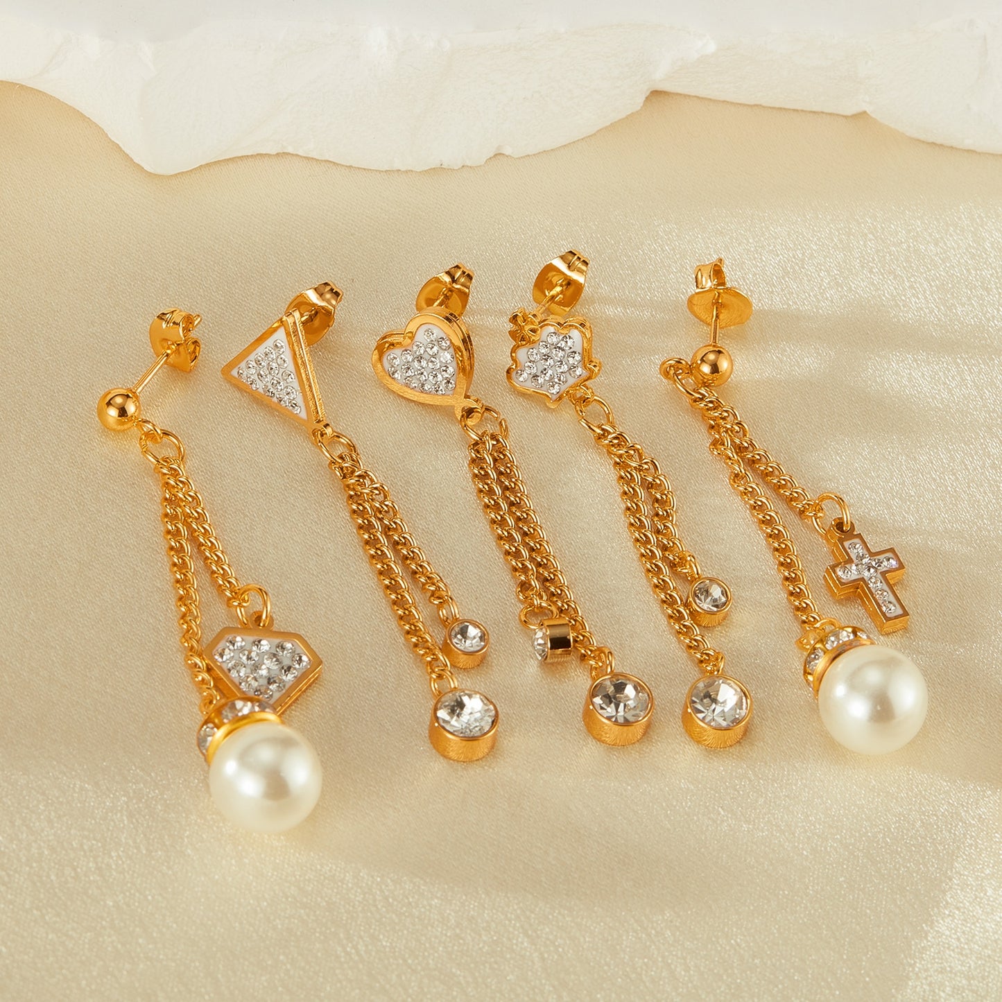 Vintage Cross Heart Crown Stainless Steel Pearl Zircon Drop Earrings Set