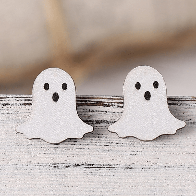 Vintage Halloween Pumpkin Ghost Bat Tassel Wooden Stud Earrings for Women